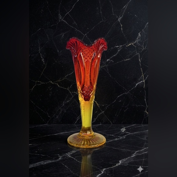 Vintage 10” Viking Glass Amberina Trumpet Vase Yesteryear Pattern